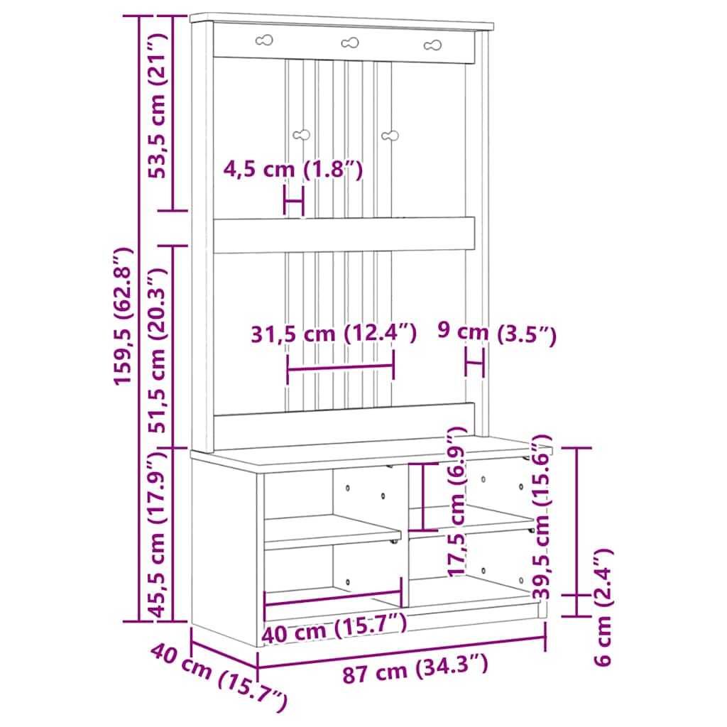 vidaXL Hall Tree SANDNES 87x40x159.5 cm Solid Wood Pine