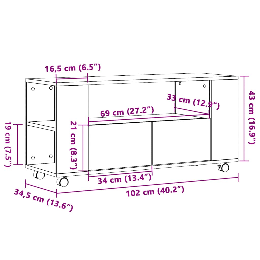 vidaXL TV Cabinet with Wheels Old Wood 102x34.5x43 cm Engineered Wood
