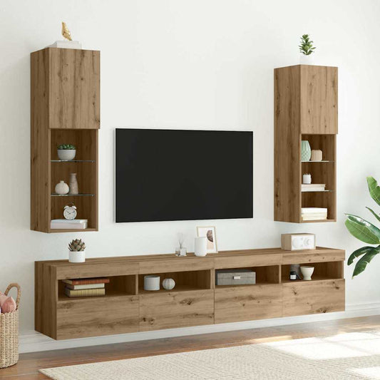 vidaXL 2 Piece TV Cabinet Set with LED Lights Artisian Oak 30,5x30x102 cm