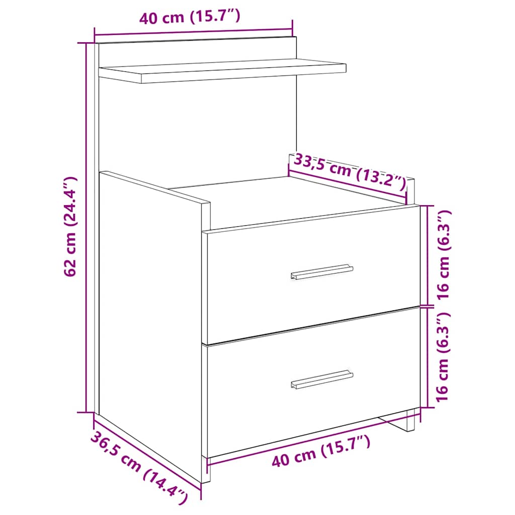 vidaXL Bedside Cabinet with 2 Drawers Black 40x36.5x62 cm