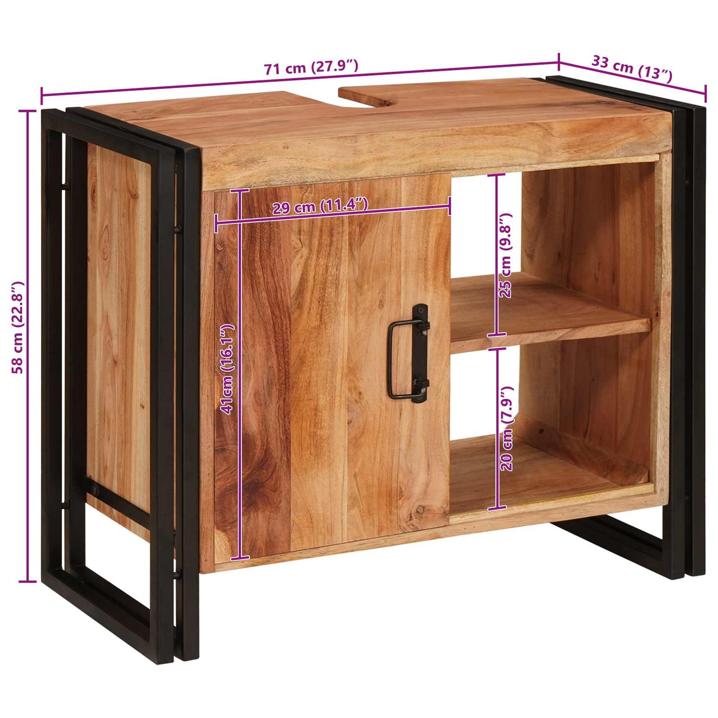 vidaXL Sink cabinet with Shelf Brown 71 x 33 x 58 cm Solid Acacia Wood