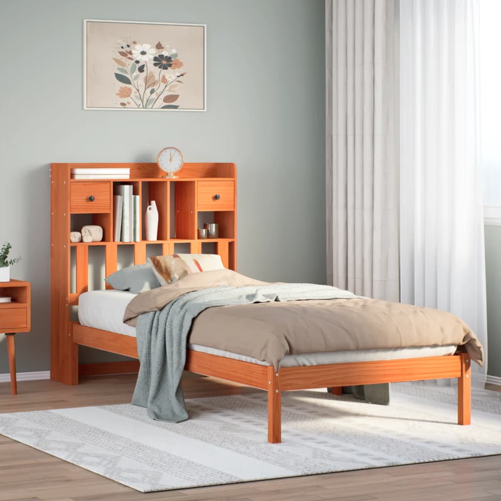 vidaXL Bookcase Bed without Mattress Wax Brown 100x200 cm Solid Wood Pine