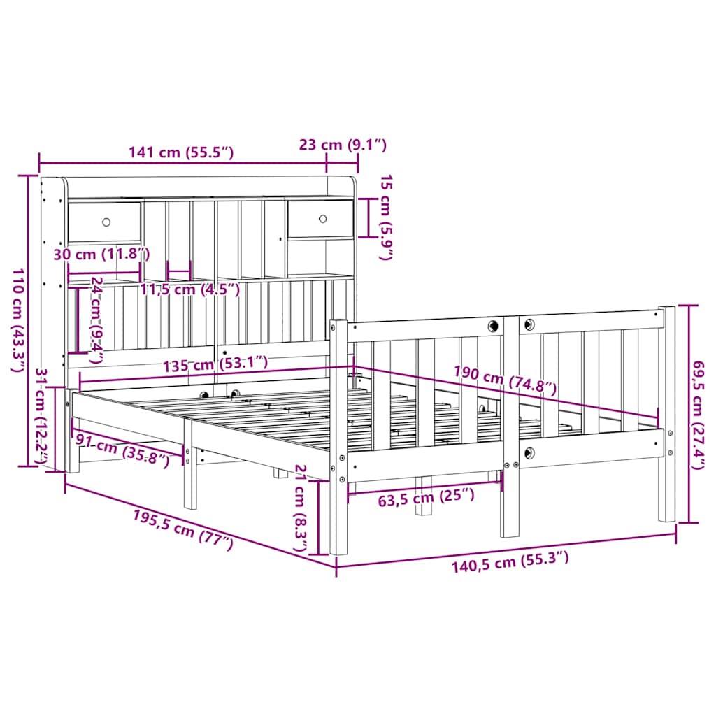 vidaXL Bookcase Bed without Mattress 135x190 cm Double Solid Wood Pine