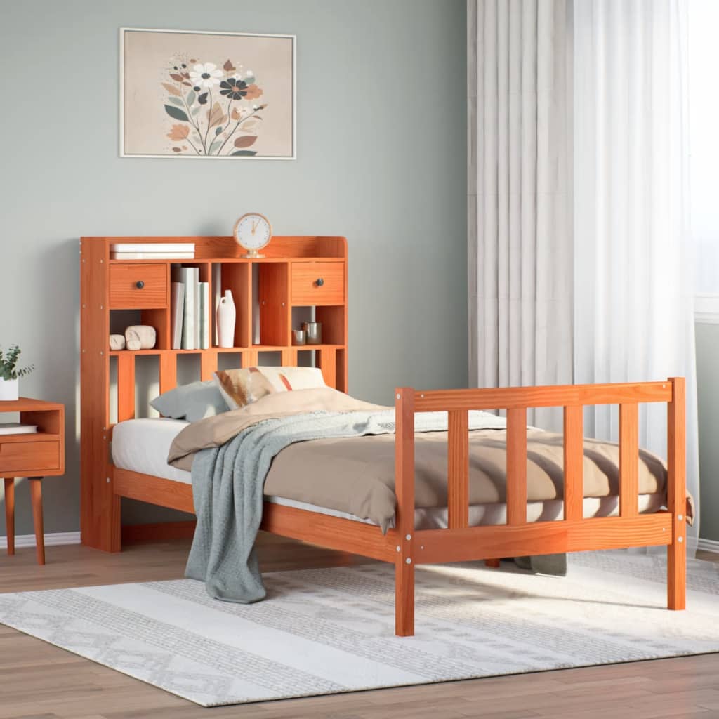 vidaXL Bookcase Bed without Mattress Wax Brown 100x200 cm Solid Wood Pine