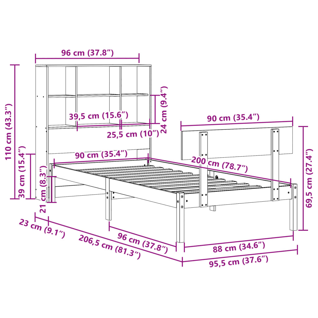 vidaXL Bookcase Bed without Mattress 90x200 cm Solid Wood Pine