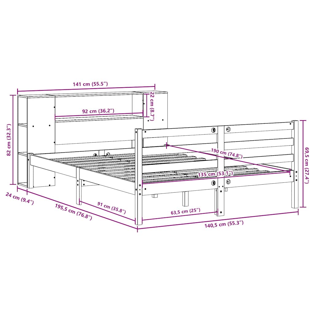 vidaXL Bookcase Bed without Mattress White 135x190 cm Double Solid Wood Pine