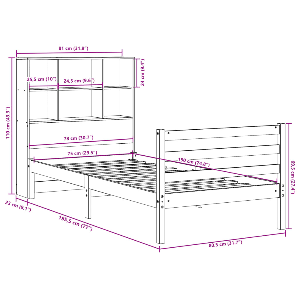 vidaXL Bookcase Bed without Mattress Wax Brown 75x190 cm Small Single Solid Wood