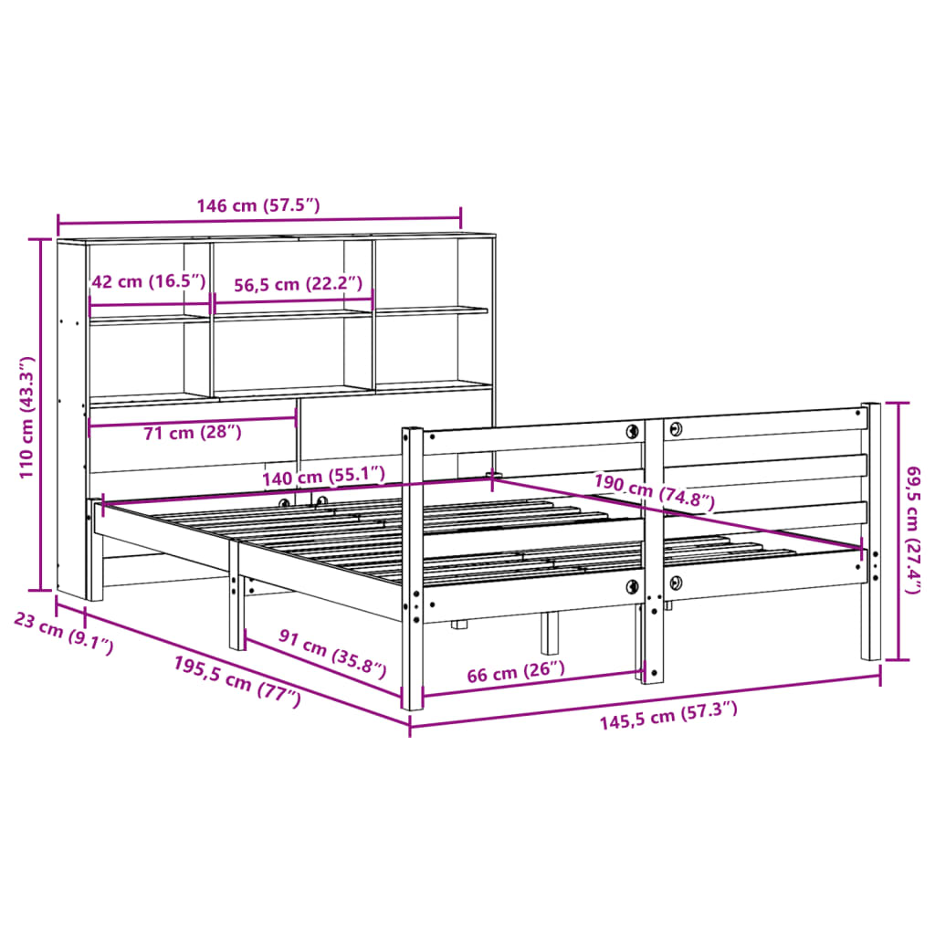 vidaXL Bookcase Bed without Mattress Wax Brown 140x190 cm Solid Wood