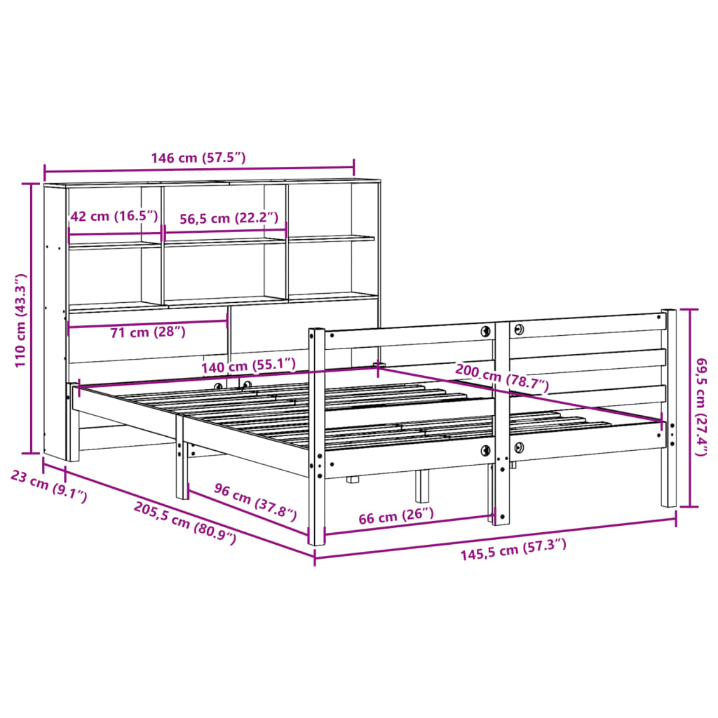 vidaXL Bookcase Bed without Mattress Wax Brown 140x200 cm Solid Wood