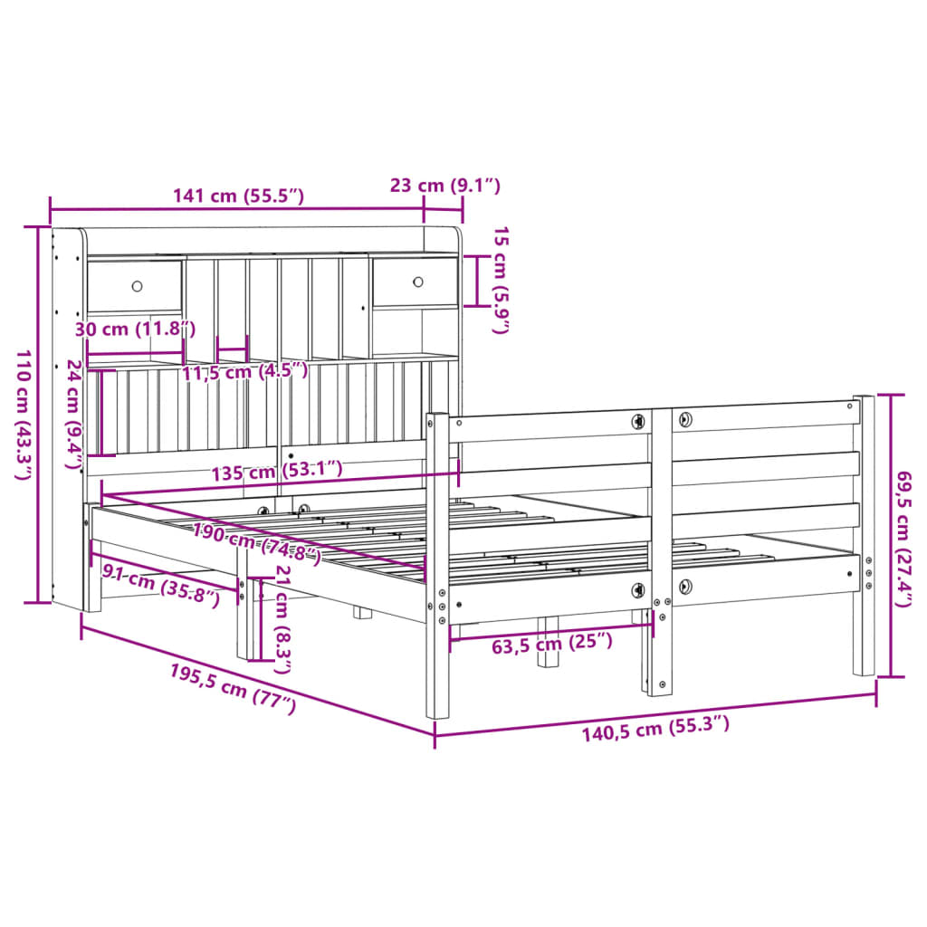 vidaXL Bookcase Bed without Mattress White 135x190 cm Doouble Solid Wood Pine