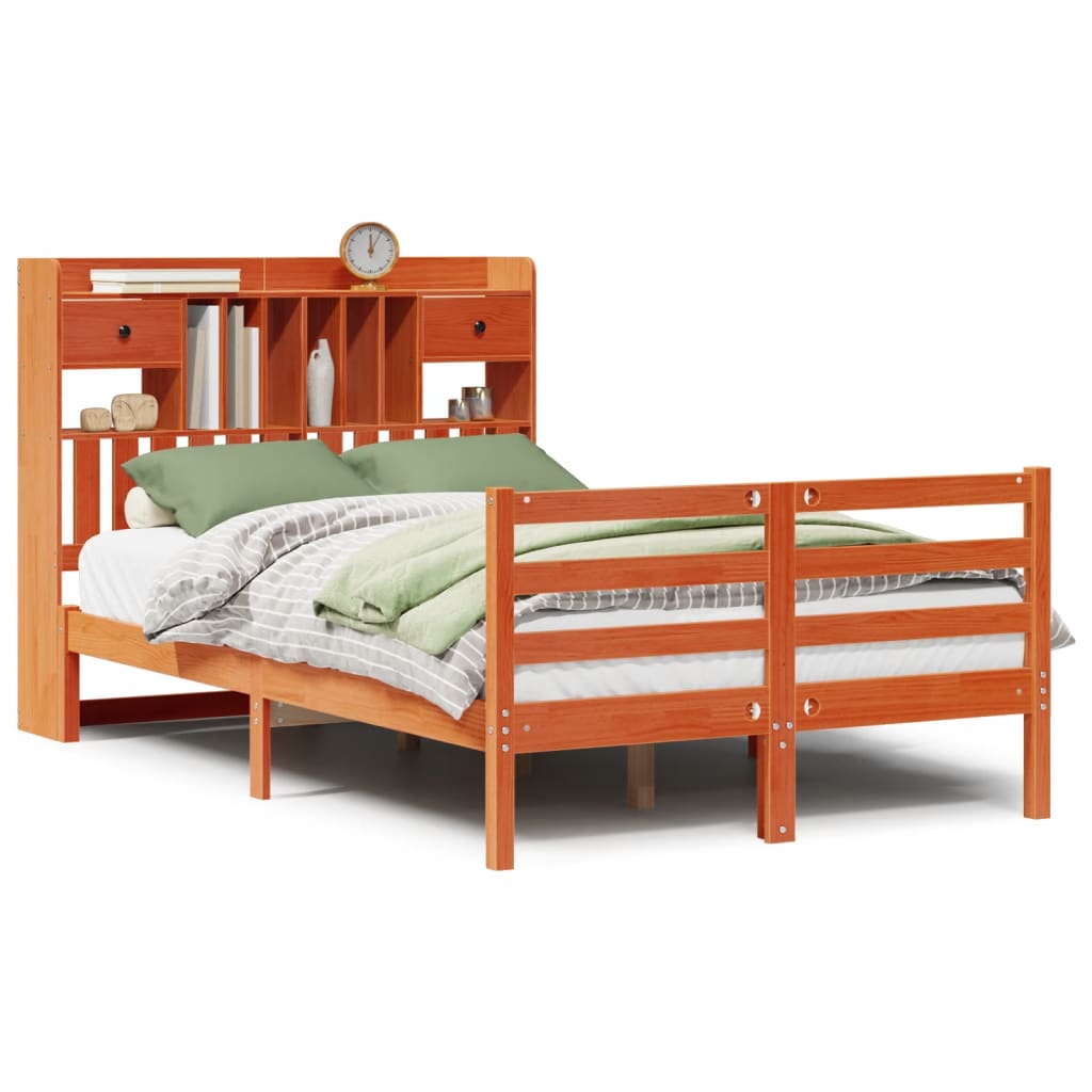 vidaXL Bookcase Bed without Mattress Wax Brown 135x190 cm Doouble Solid Wood Pine