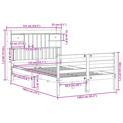 vidaXL Bookcase Bed without Mattress Wax Brown 135x190 cm Doouble Solid Wood Pine