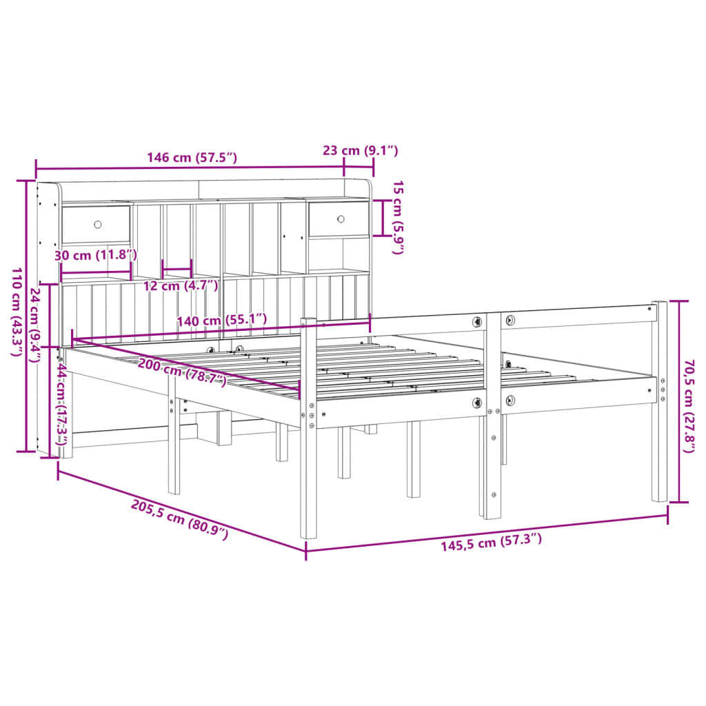 vidaXL Bookcase Bed without Mattress White 140x200 cm Solid Wood Pine