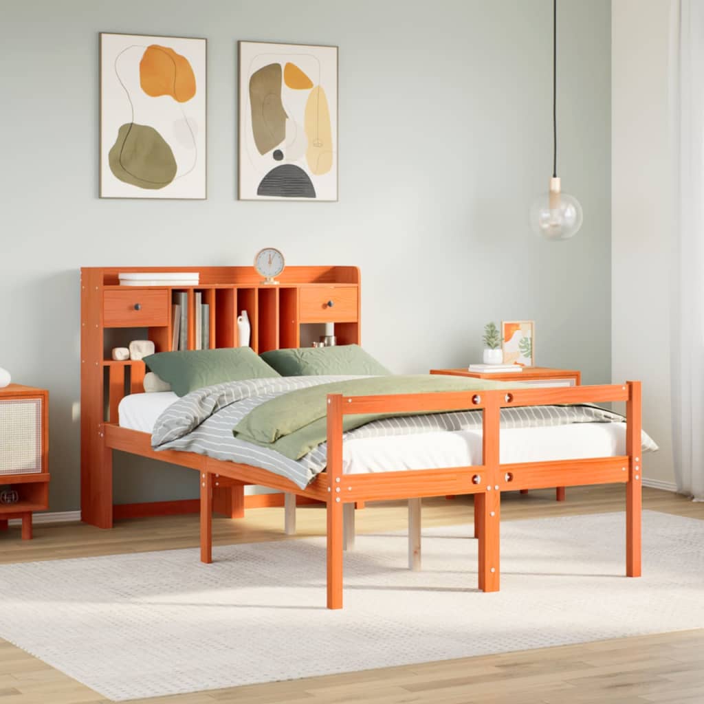 vidaXL Bookcase Bed without Mattress Wax Brown 135x190 cm Doouble Solid Wood Pine