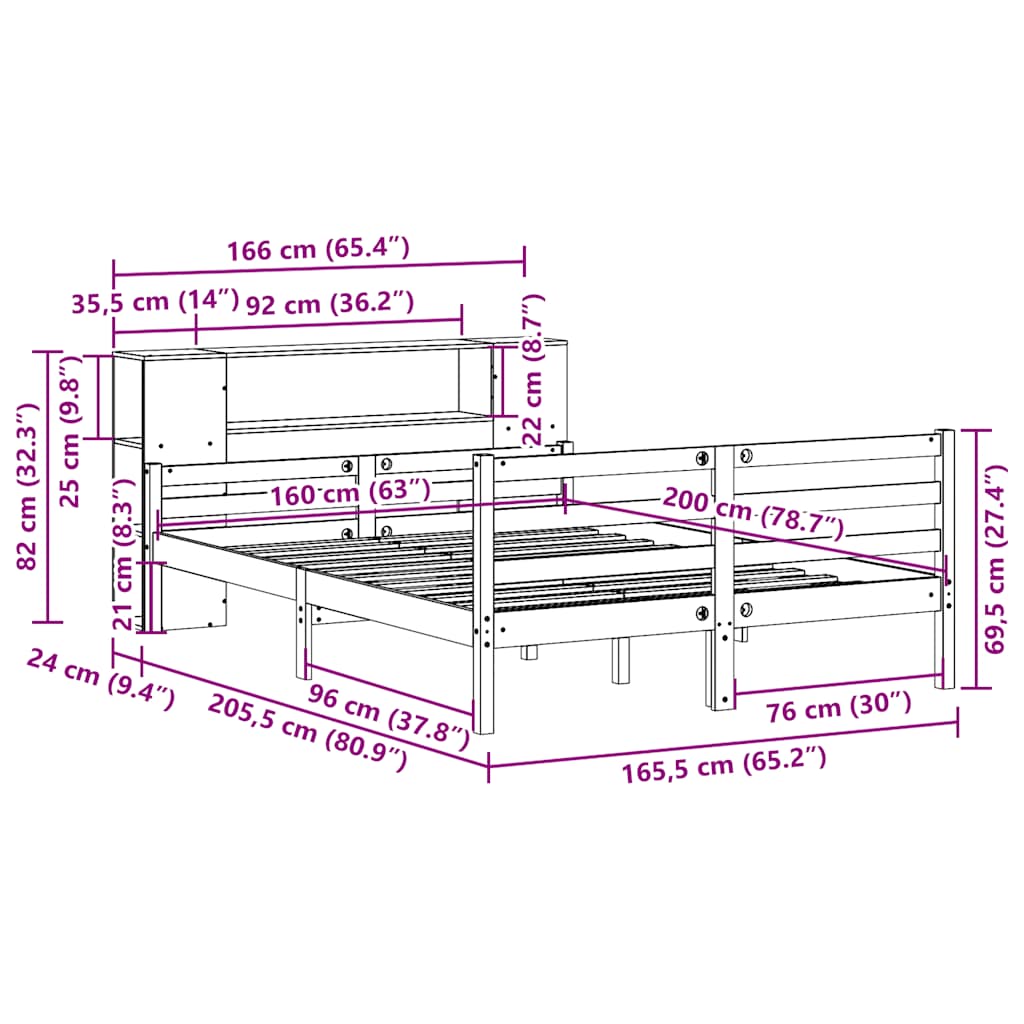 vidaXL Bookcase Bed without Mattress 160x200 cm Solid Wood Pine