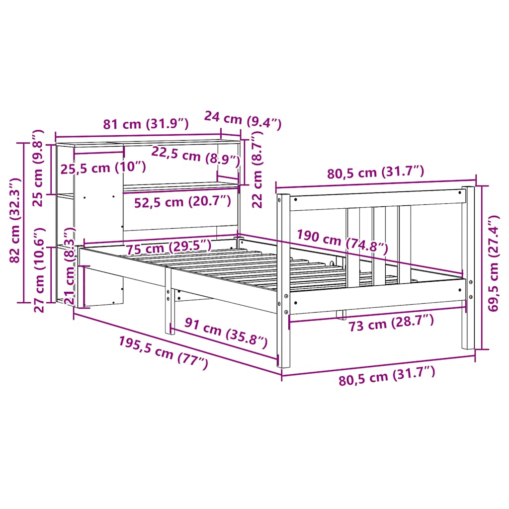 vidaXL Bookcase Bed without Mattress 75x190cm Solid Wood Pine