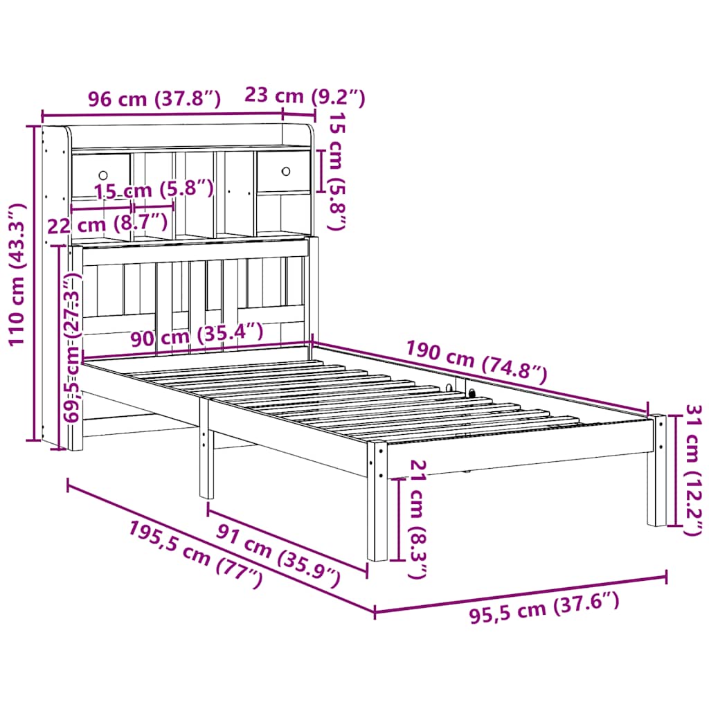 vidaXL Bookcase Bed without Mattress 90x190 cm Single Solid Wood Pine