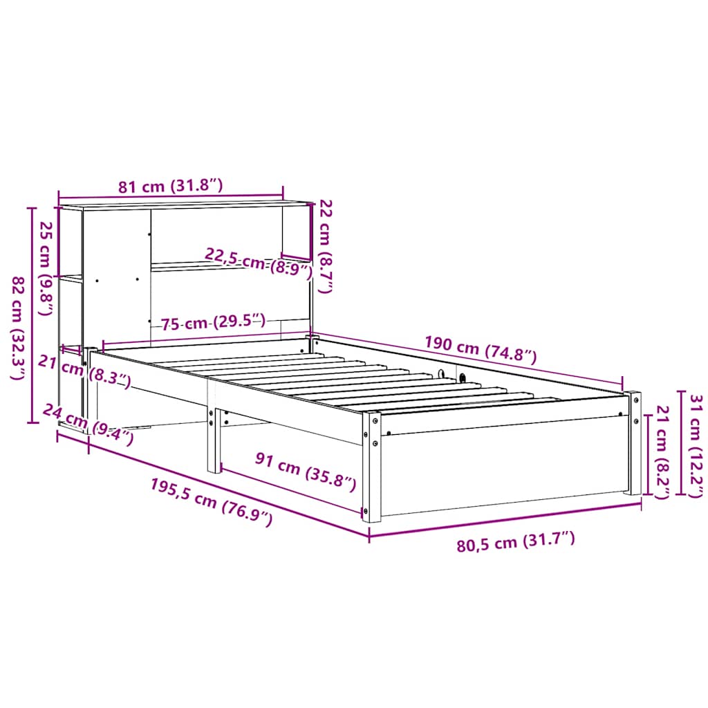 vidaXL Bookcase Bed without Mattress White 75x190cm Small Single Solid Wood Pine