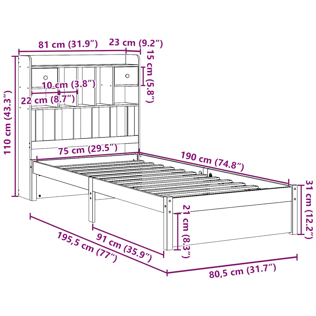 vidaXL Bookcase Bed without Mattress 75x190cm Small Single Solid Wood Pine