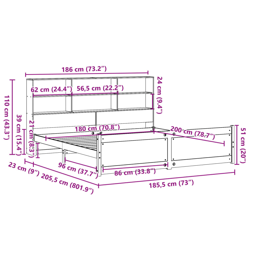vidaXL Bookcase Bed without Mattress 180x200 cm Super King Solid Wood Pine