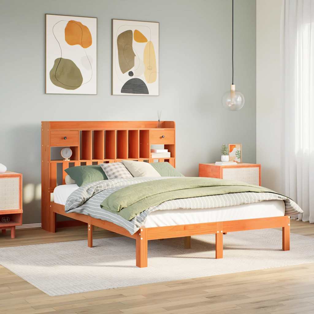 vidaXL Bookcase Bed without Mattress Wax Brown 135x190cm Solid Wood Pine