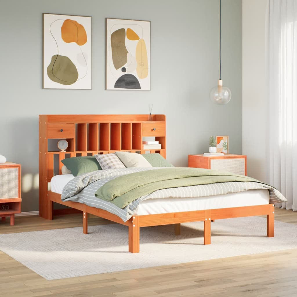 vidaXL Bookcase Bed without Mattress Wax Brown 140x200cm Solid Wood Pine