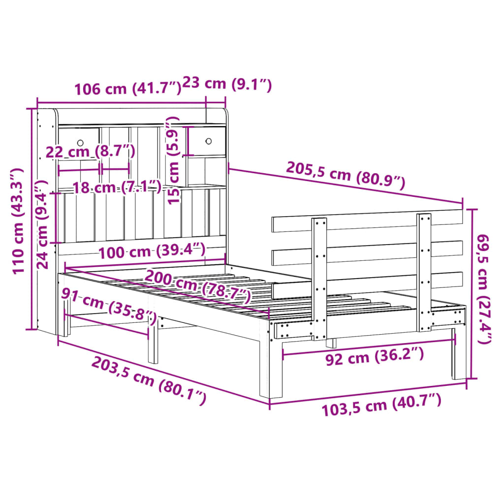 vidaXL Bookcase Bed without Mattress 100x200cm Solid Wood Pine