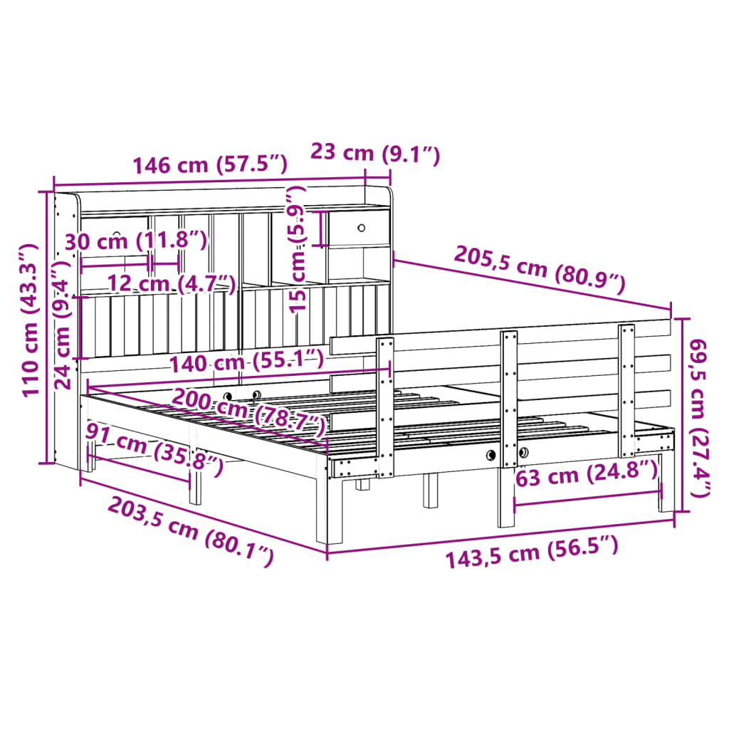 vidaXL Bookcase Bed without Mattress 140x200 cm Solid Wood Pine