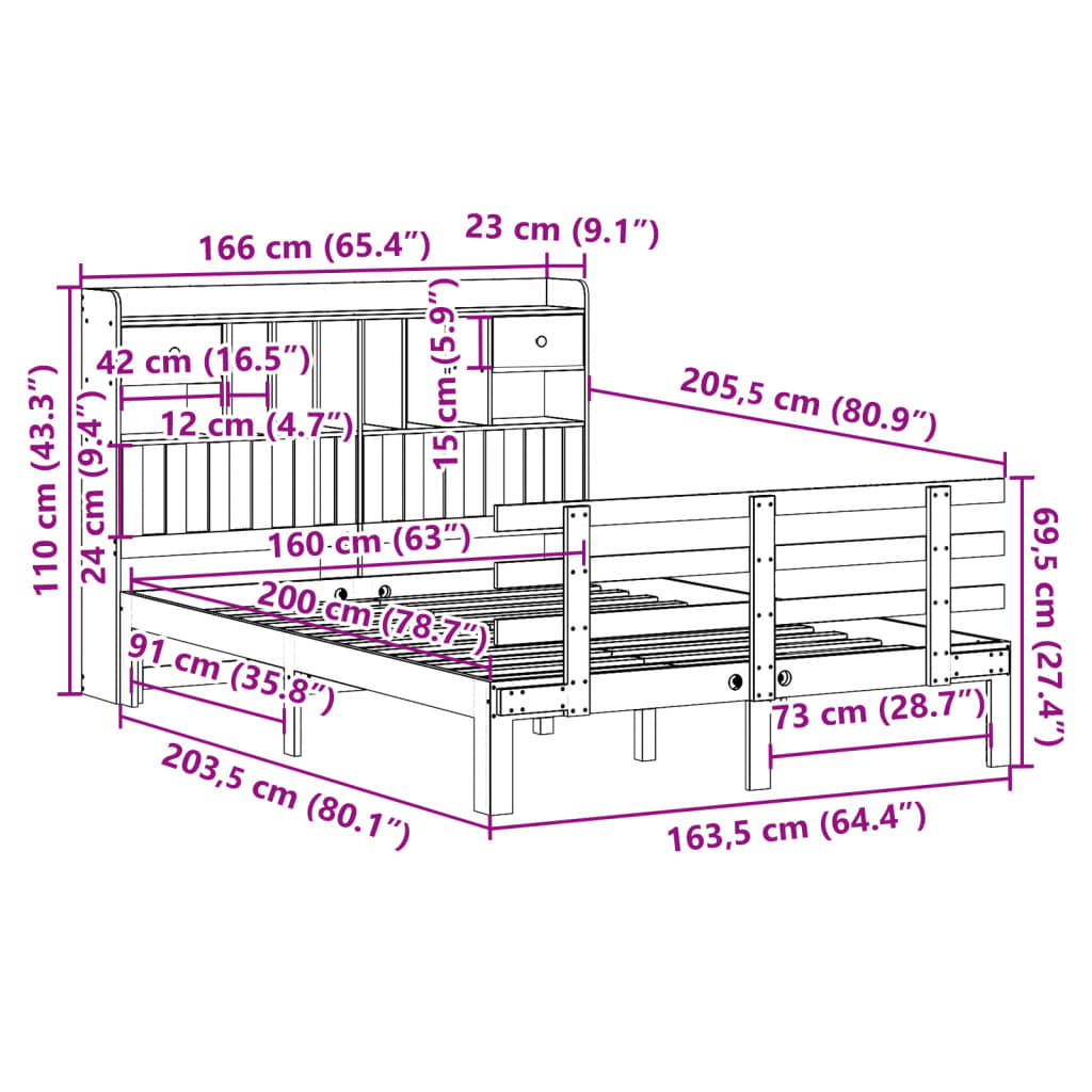 vidaXL Bookcase Bed without Mattress White 160x200 cm Solid Wood Pine