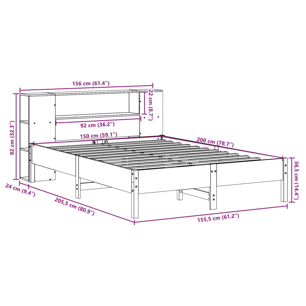 vidaXL Bookcase Bed without Mattress White 150x200 cm King Solid Wood Pine