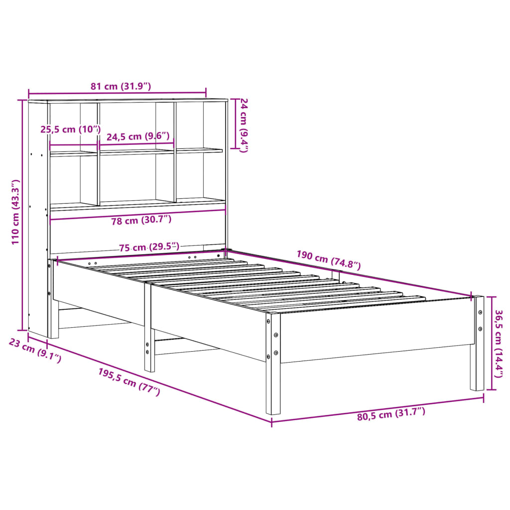 vidaXL Bookcase Bed without Mattress Wax Brown 75x190 cm Small Single Solid Wood Pine