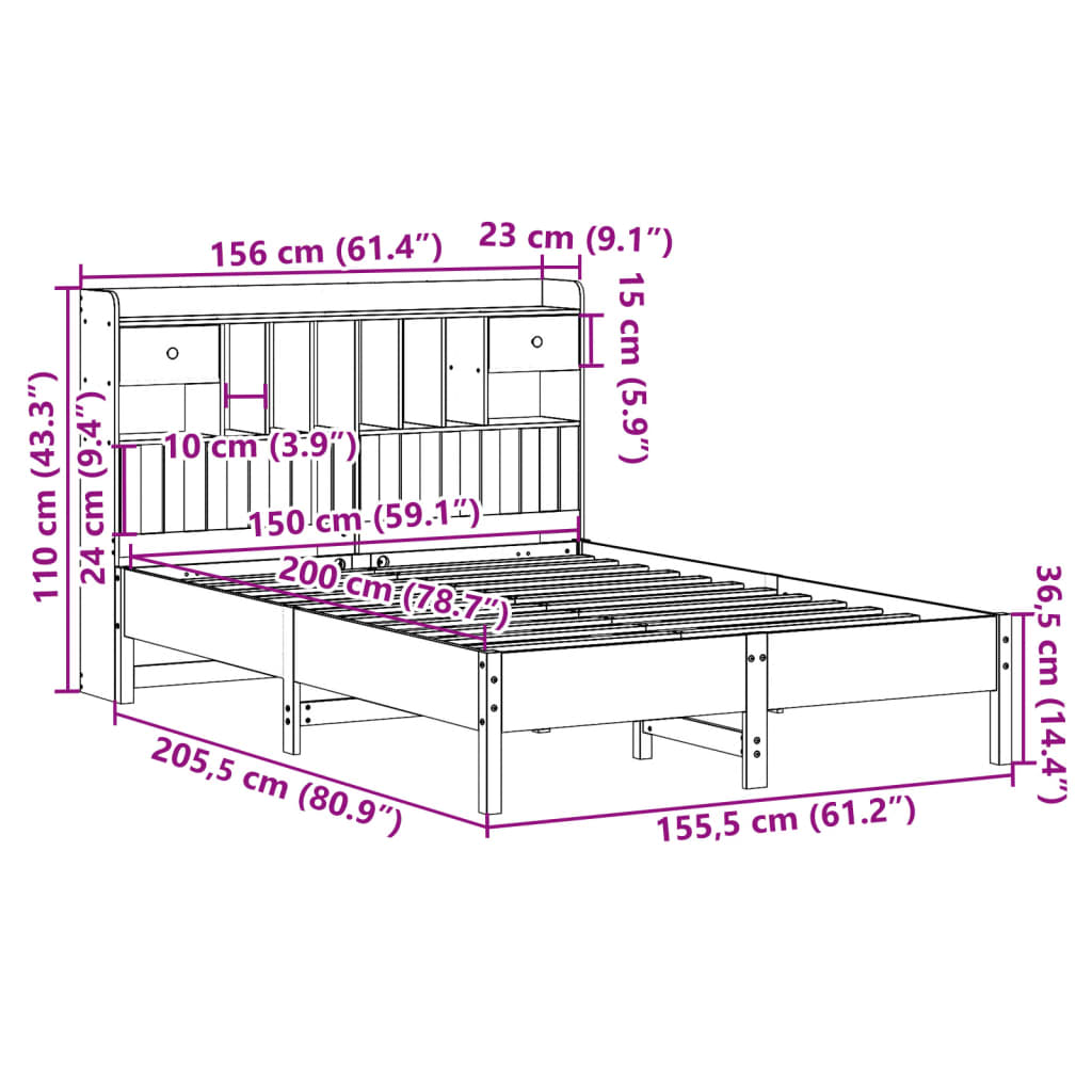 vidaXL Bookcase Bed without Mattress White 150x200 cm King Size Solid Wood Pine