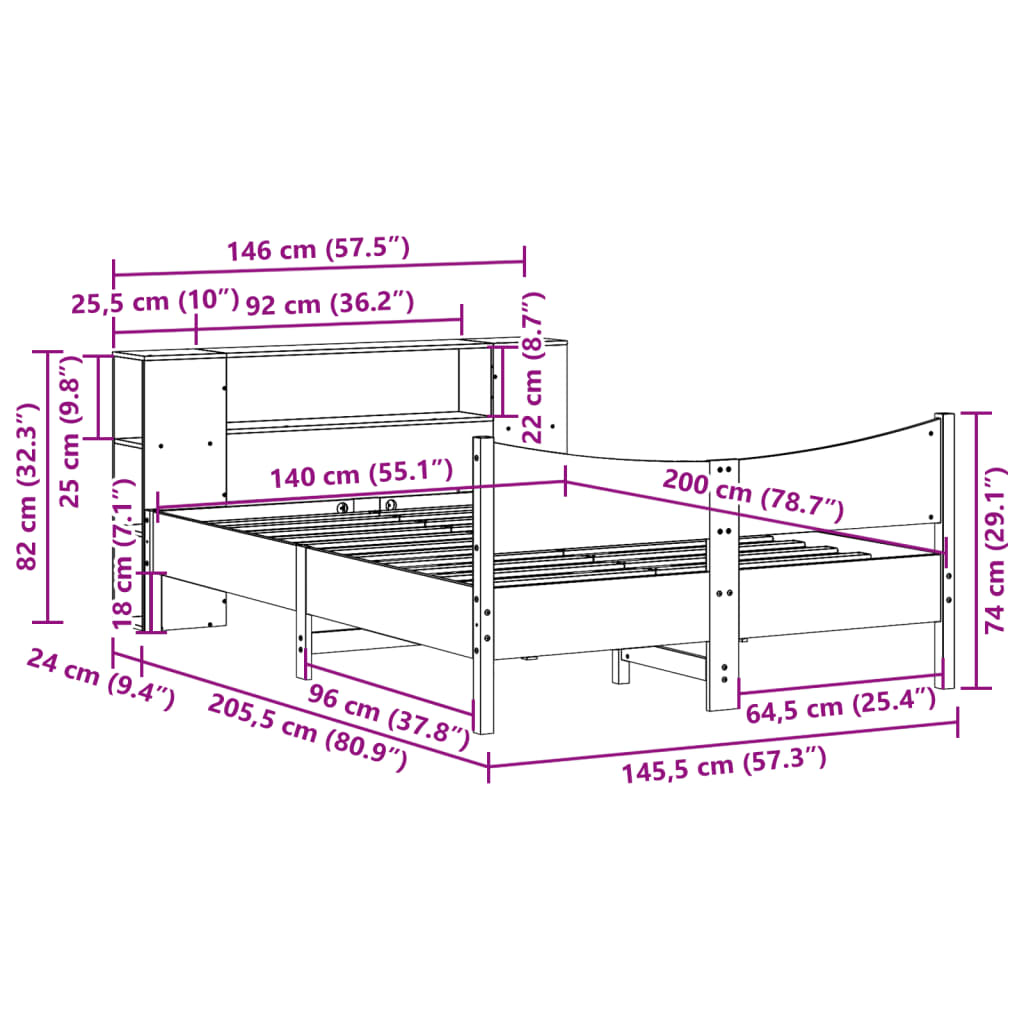 vidaXL Bed Frame without Mattress Wax Brown 140x200 cm Solid Wood Pine