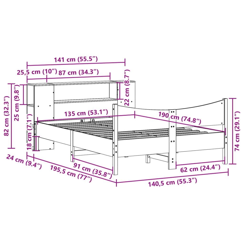 vidaXL Bed Frame without Mattress 135x190 cm Double Solid Wood Pine