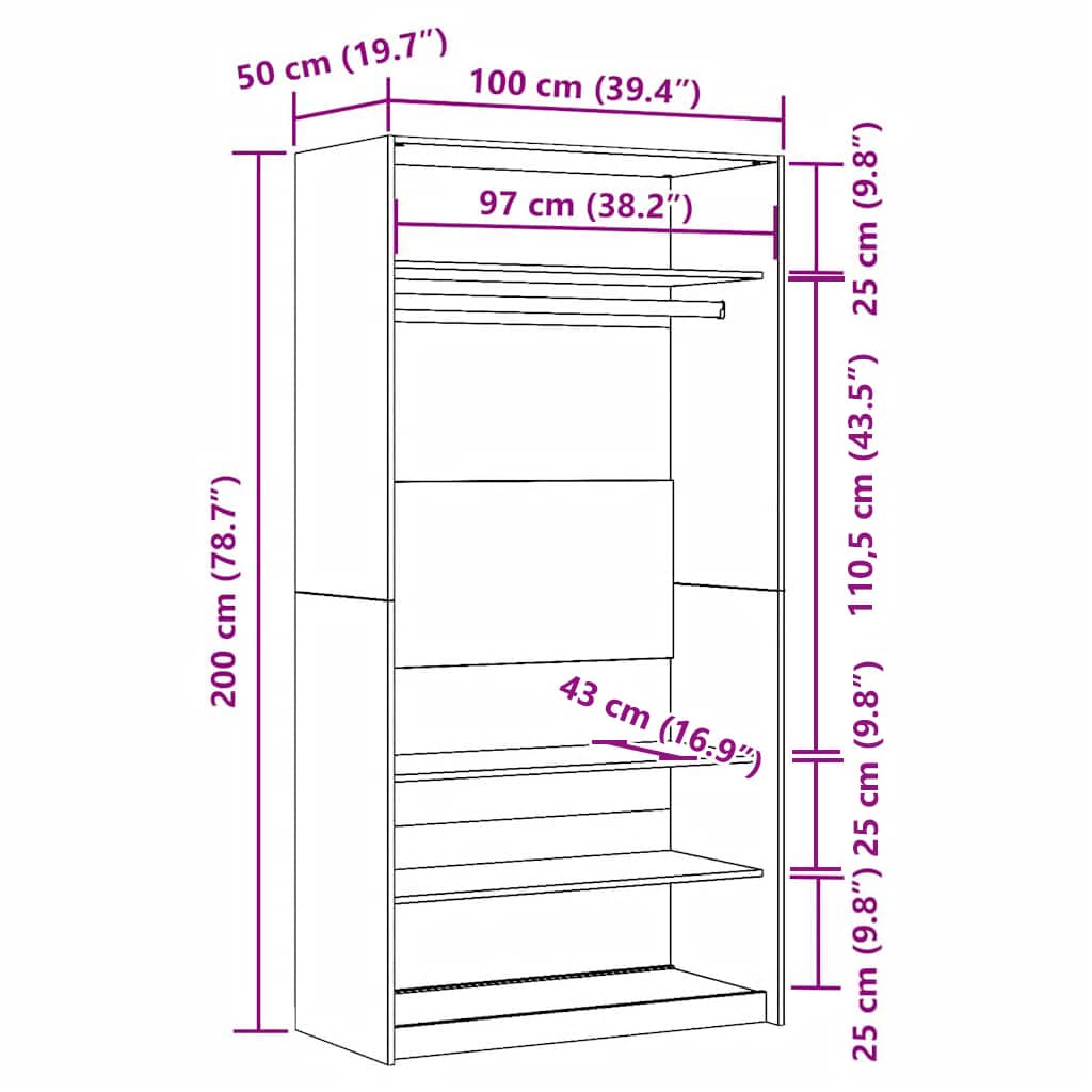 vidaXL Wardrobe Old Wood 100x50x200 cm Engineered Wood