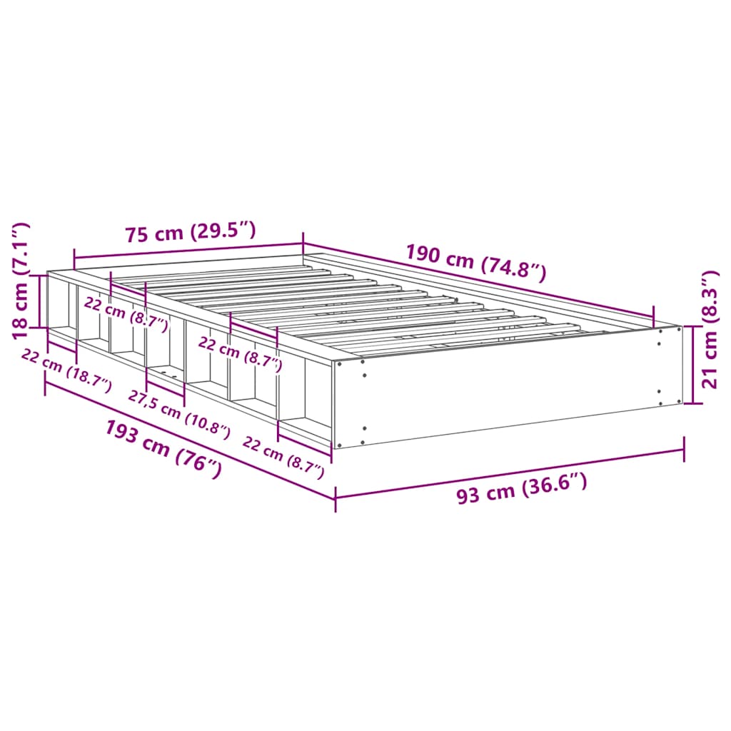 vidaXL Bed Frame | Oak | Solid oak wood | Single | Bed Frame | Rectangular