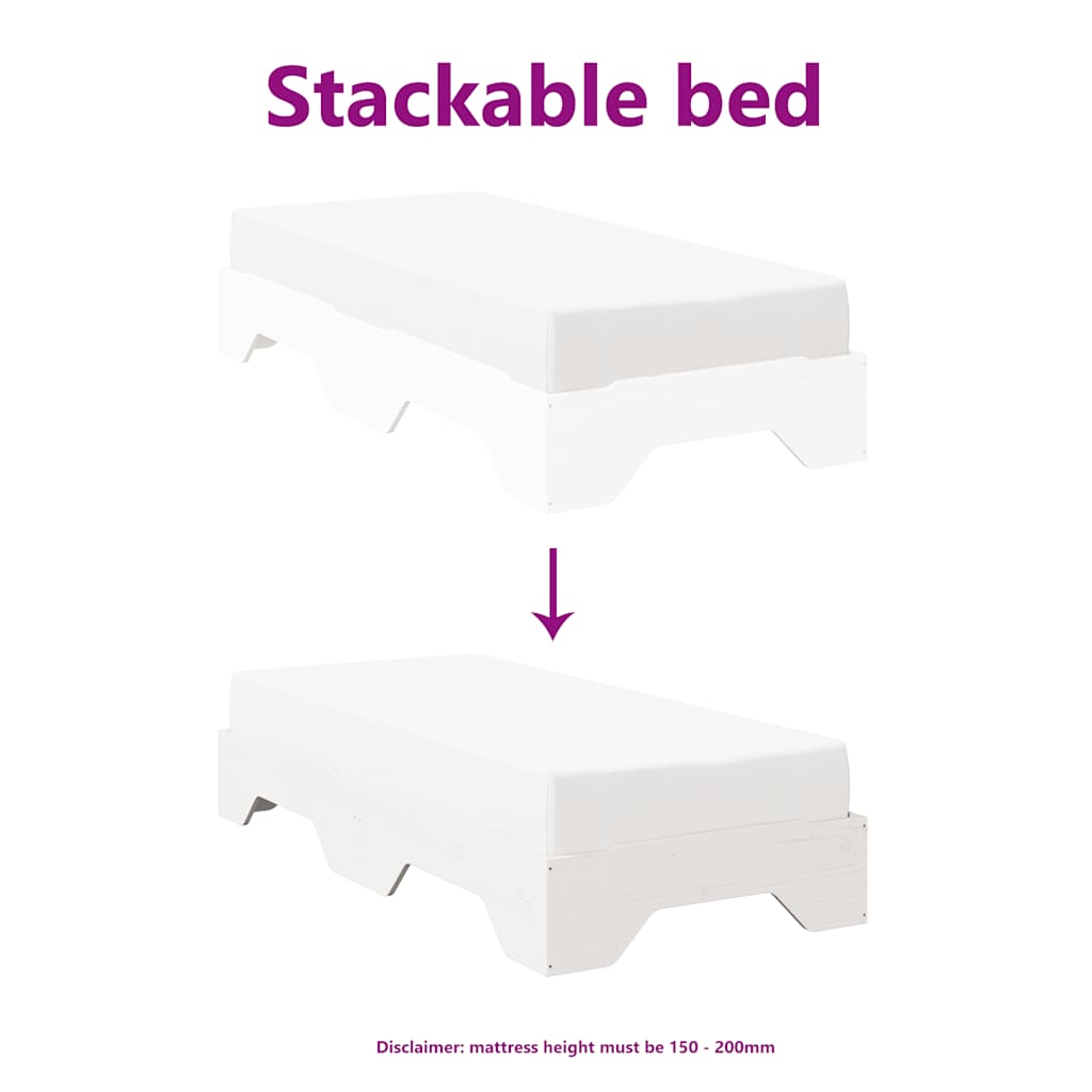 vidaXL Bed Frame | White | Solid pine wood, Plywood slats | Single |  Stackable