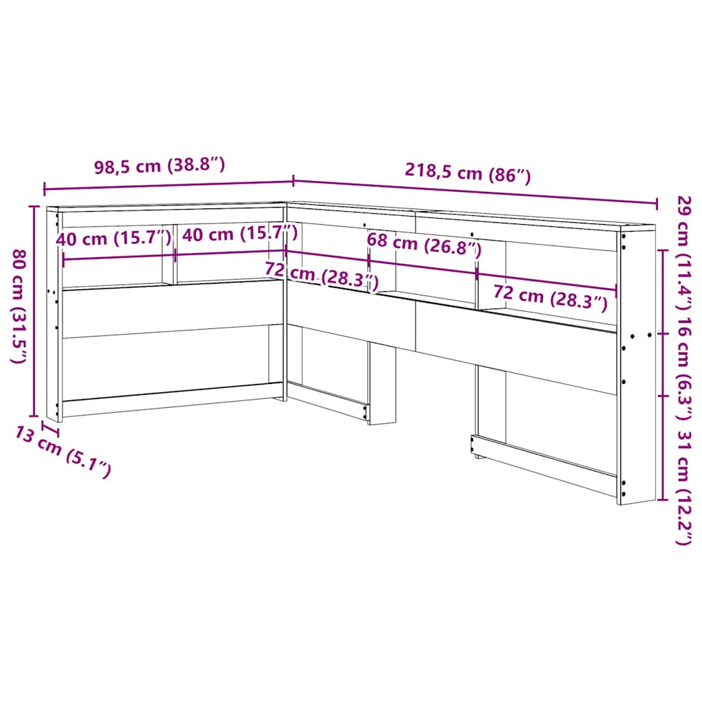 vidaXL Bookcase Headboard L-Shaped 80 cm Solid Wood Pine