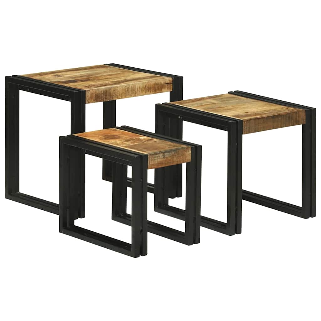 vidaXL Nesting Table 3 pcs Brown and Black Solid Mango Wood and Metal
