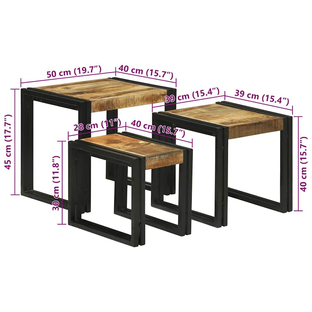 vidaXL Nesting Table 3 pcs Brown and Black Solid Mango Wood and Metal