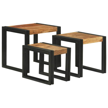 vidaXL Nesting Table 3 pcs Brown and Black Solid Acacia Wood and Metal