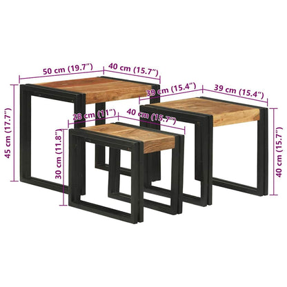 vidaXL Nesting Table 3 pcs Brown and Black Solid Acacia Wood and Metal