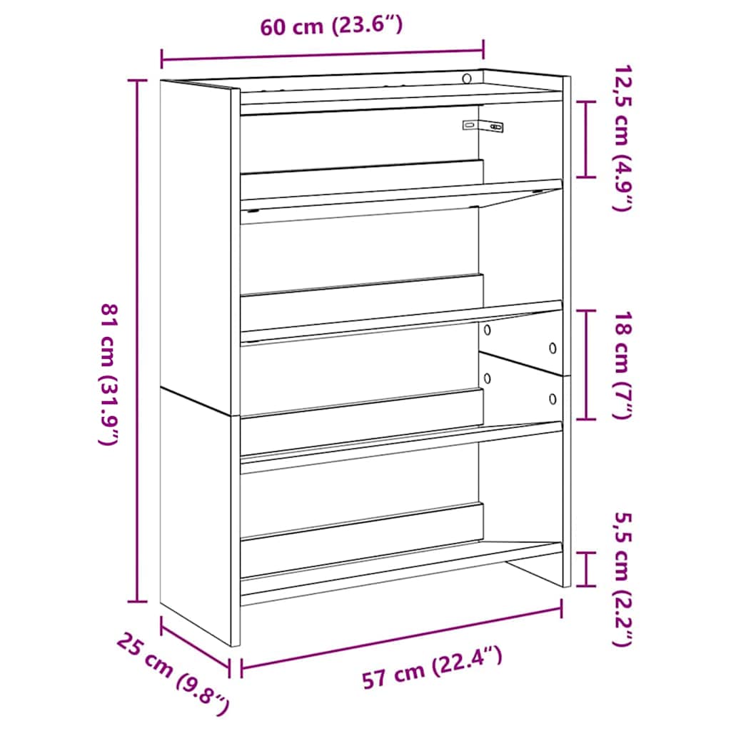 vidaXL Shoe Rack White 60x25x81 cm Engineered Wood