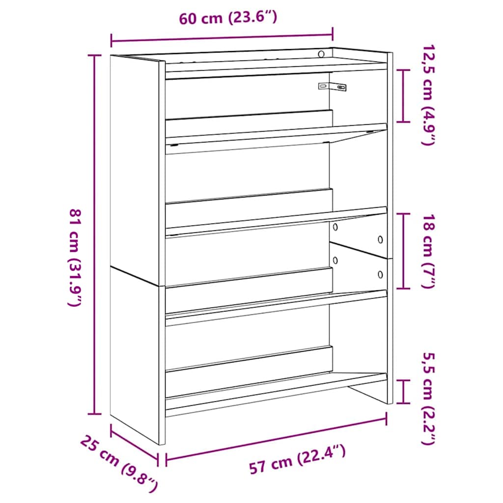 vidaXL Shoe Rack Smoked Oak 60x25x81 cm Engineered Wood