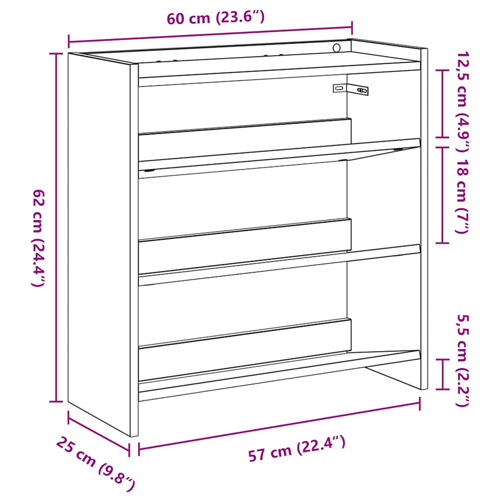 vidaXL Shoe Rack Smoked Oak 60x25x62 cm Engineered Wood