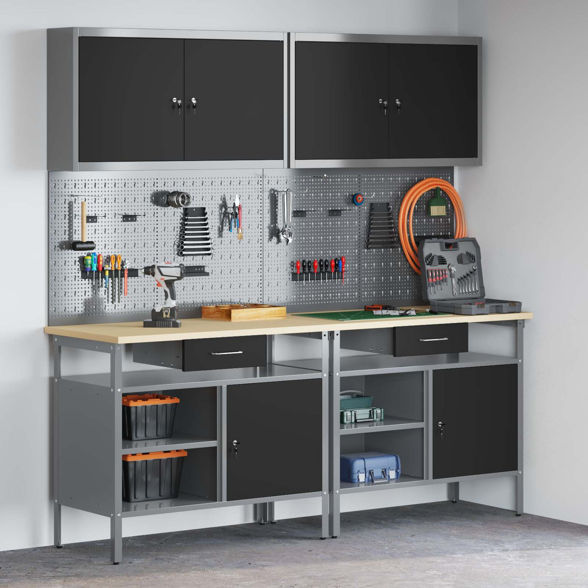vidaXL Work Bench Set 8 pcs Black and Grey Powder-Coated Steel