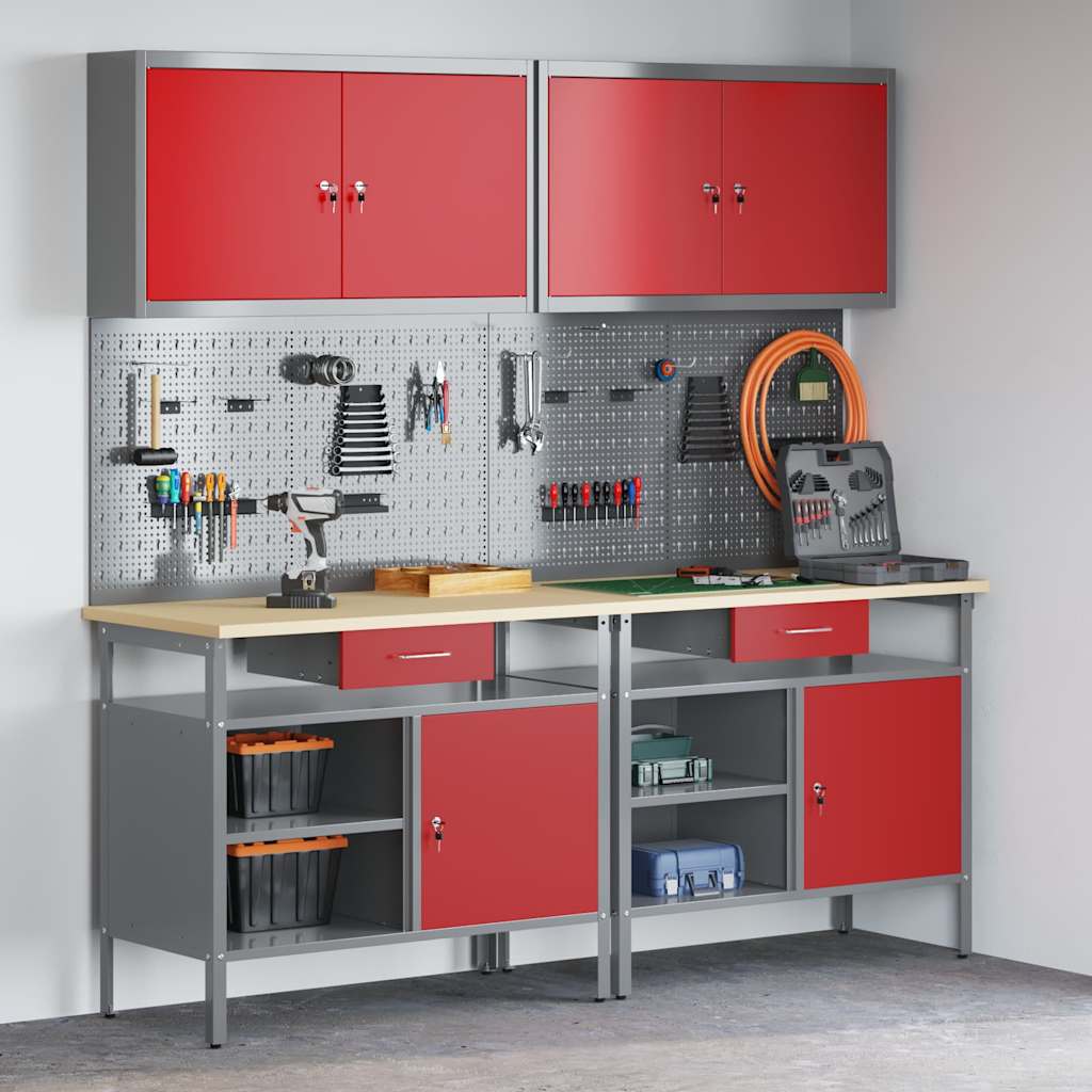 vidaXL Work Bench Set 8 pcs Red and Grey Powder-Coated Steel