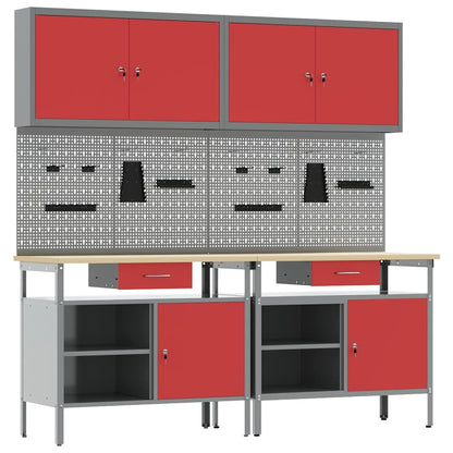 vidaXL Work Bench Set 8 pcs Red and Grey Powder-Coated Steel