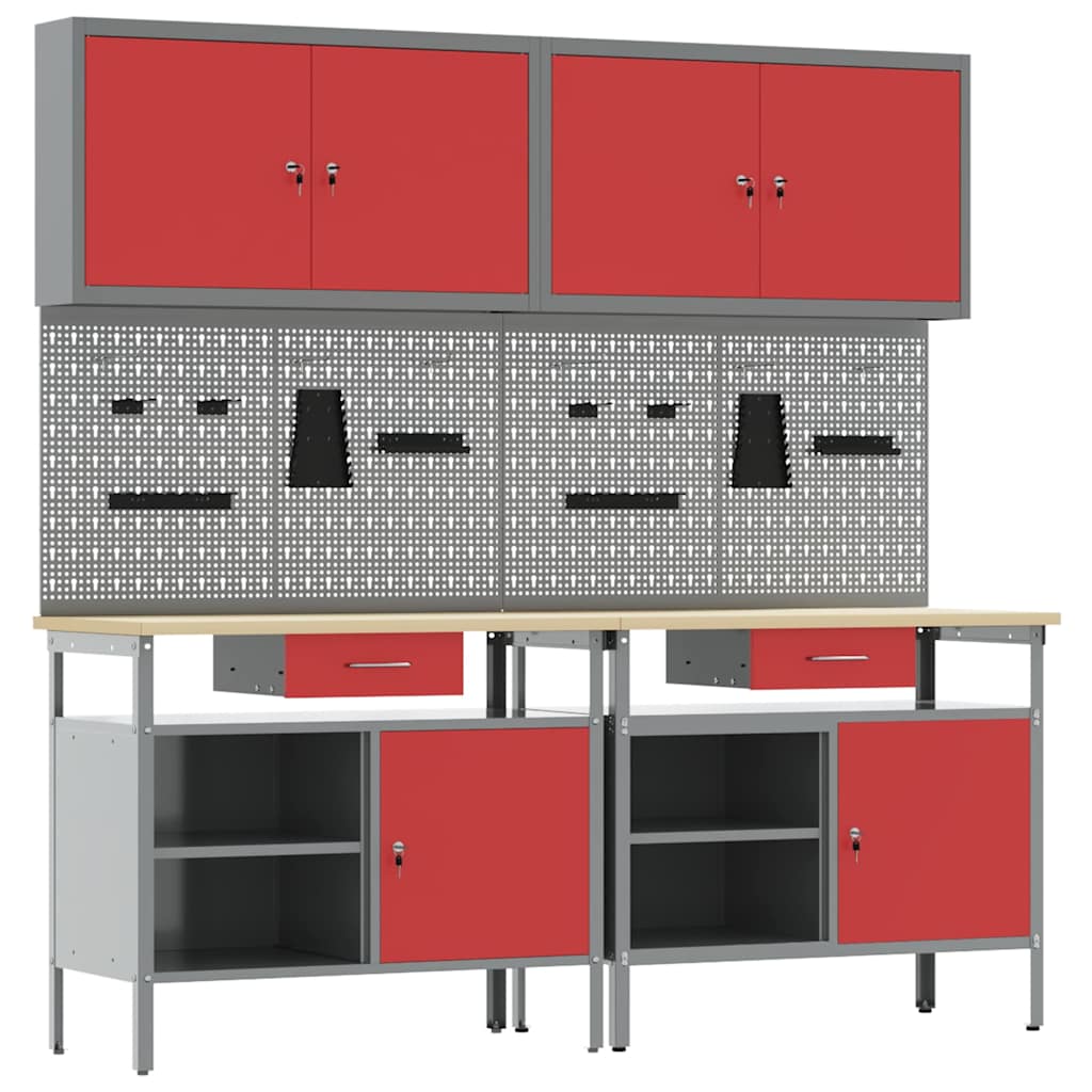 vidaXL Work Bench Set 8 pcs Red and Grey Powder-Coated Steel