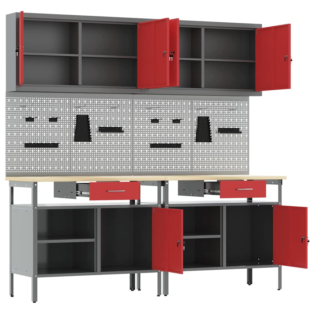 vidaXL Work Bench Set 8 pcs Red and Grey Powder-Coated Steel